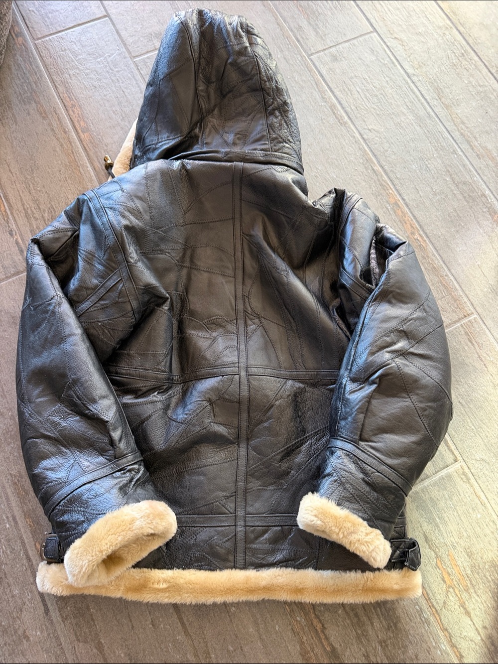 Women’s Black Leather Hooded Shearling Jacket - Picture 8 of 8